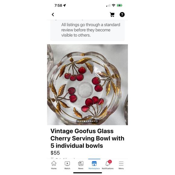 Goofus Glass Cherry Serving Bowl with 5 individual bowls - Picture 2 of 5